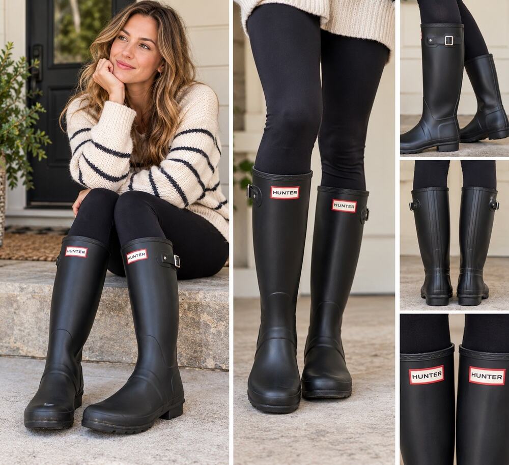 Hunter Black Knee High Rain Boots Round Toe Buckle Logo UK 7 US 9